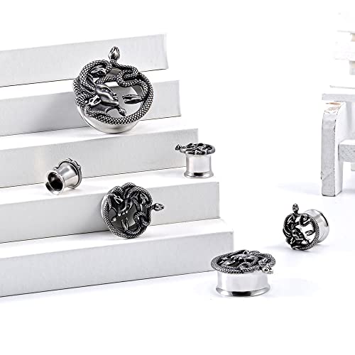 1 Pair Stainless Steel Ear Gauges Tunnels Ouroboros Snake Eat Tails Silver Vintage 2g-1 Inch Double Flare For Men For Women