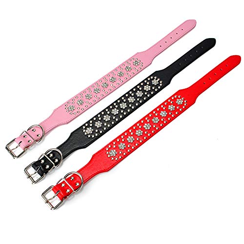 Rhinestones Dog Collars Flower Pattern Rhinestone Studded Leather Sparkly Crystal Diamonds Dazzling Elegant Fancy PU Leather Dog Collar for Medium & Large Dogs (M:17-20 inch, Purple)