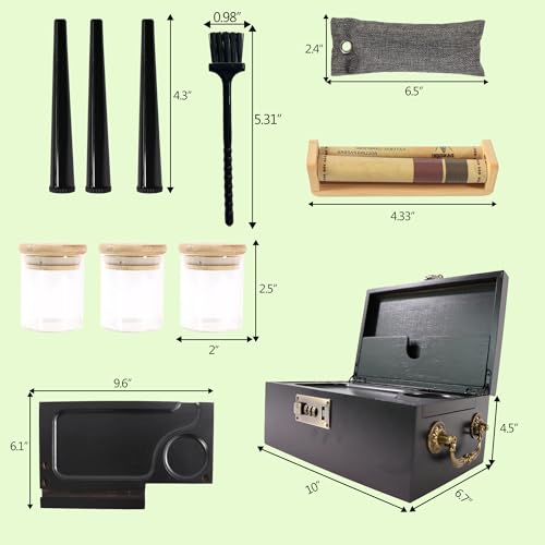 Bamboo Box with Combination Lock, Decorative Box with Handle, Large Storage Stash Box Set, Removable Dividers, 3 Glass Jars, Bamboo Herb Roller, Tray Insert & Smell Proof Accessory Tools Kit (Black)