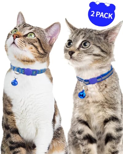 Taglory Reflective Cat Collars Breakaway with Bell, 2-Pack Girl Boy Pet Kitten Collar Adjustable 7.5-12.5 Inch, Green