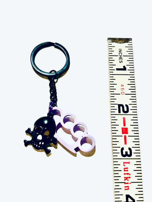 Brass Knuckle Duster and Skull Dual Charm Keychain
