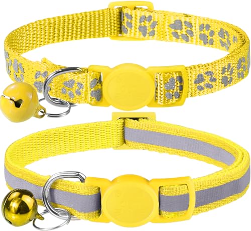 Taglory Reflective Cat Collars Breakaway with Bell, 2-Pack Girl Boy Pet Kitten Collar Adjustable 7.5-12.5 Inch, Green