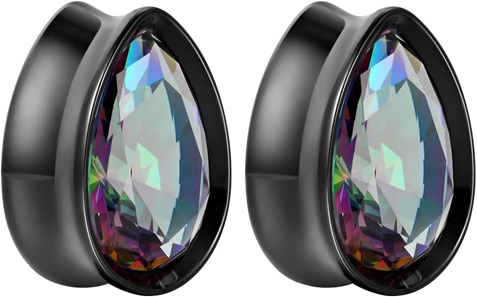 Surgical Steel Teardrop Zircon Double Flared Ear Tunnels and Plugs Stretcher Expander Sold As Pair Gauge 8mm-25mm