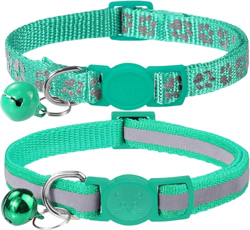 Taglory Reflective Cat Collars Breakaway with Bell, 2-Pack Girl Boy Pet Kitten Collar Adjustable 7.5-12.5 Inch, Green