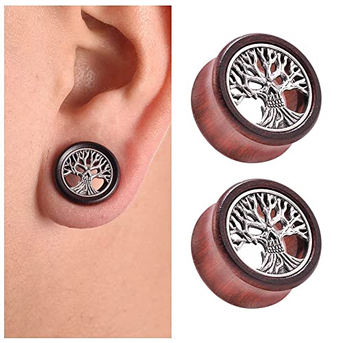 2PCS Organic Red Sandalwood Hollow Double Flared Ear Gauges Tunnels Expander Tree Of Life Jewelry For Man For Woman Body Piercing Jewelry 0g-1 inch.