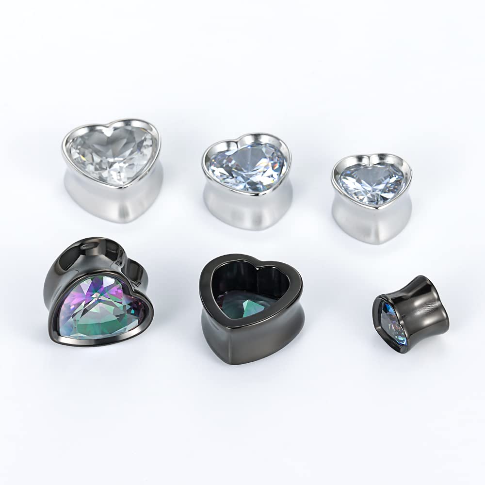 Surgical Steel Heart-Shaped Zircon Double Flared Ear Tunnels And Plugs Stretcher Expander Sold As Pair Gauge 8mm-25mm