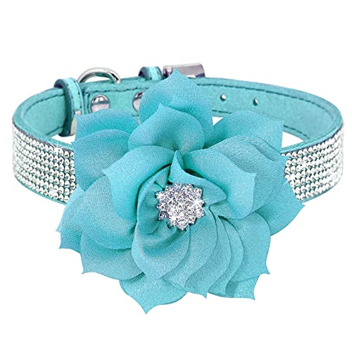 Rhinestone Dog Collar, Cute Dazzling Sparkling Soft Suede Leather Dog Cat Rhinestone Collar Crystal Diamond Pet Dog Puppy Collar (XS, Blue-1)