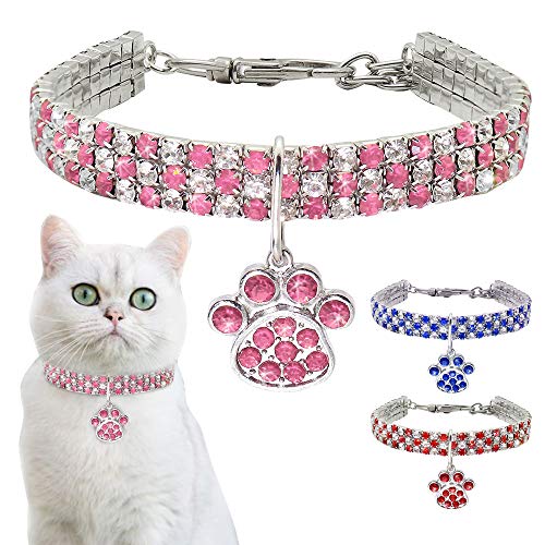 Pet Collar with Diamonds, Adjustable Crystal Diamond Elastic Heart Claw Pendant Wedding cat and Dog Small pet Necklace Jewelry