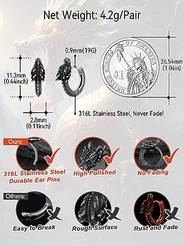 FaithHeart Dragon/Dinosaur/Snake Hoop Earrings for Men, Sturdy Stainless Steel Punk Biker Animals Hypoallergenic Jewelry, Gift Box
