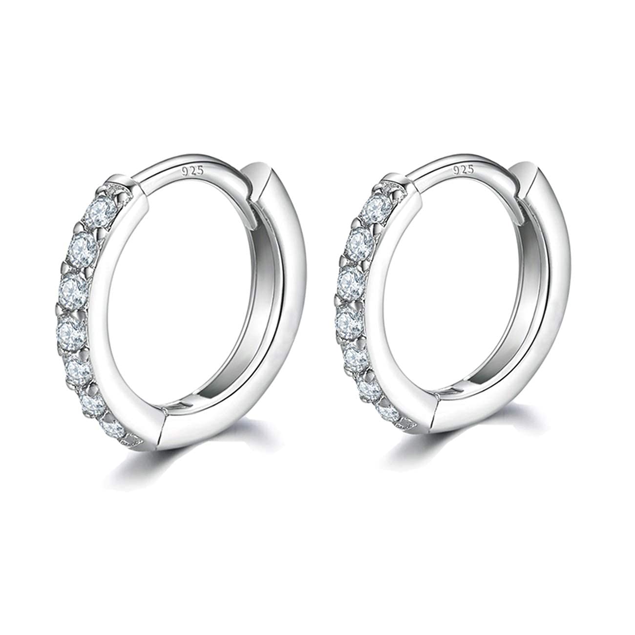 925 Sterling Silver Small Hoop Earrings Cubic Zirconia Huggie Hoop Earrings, 3 Pairs 14K White Gold Plated Cartilage Piercing Earrings Ear Cuff Tiny Hoop Earrings for Women Men