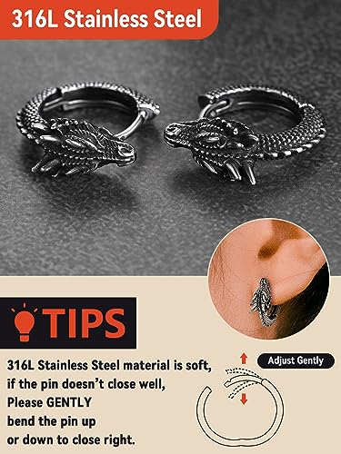 FaithHeart Dragon/Dinosaur/Snake Hoop Earrings for Men, Sturdy Stainless Steel Punk Biker Animals Hypoallergenic Jewelry, Gift Box