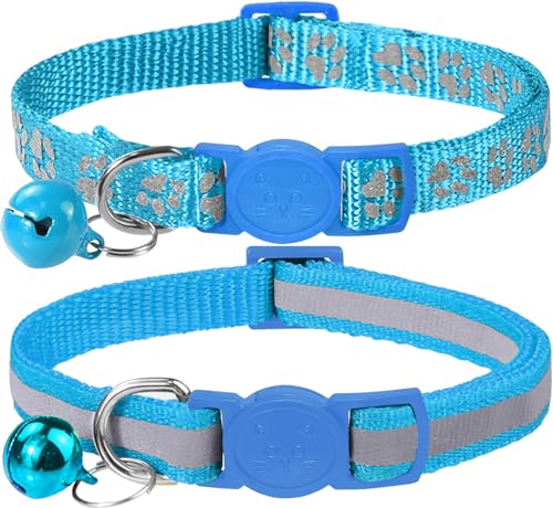 Taglory Reflective Cat Collars Breakaway with Bell, 2-Pack Girl Boy Pet Kitten Collar Adjustable 7.5-12.5 Inch, Green