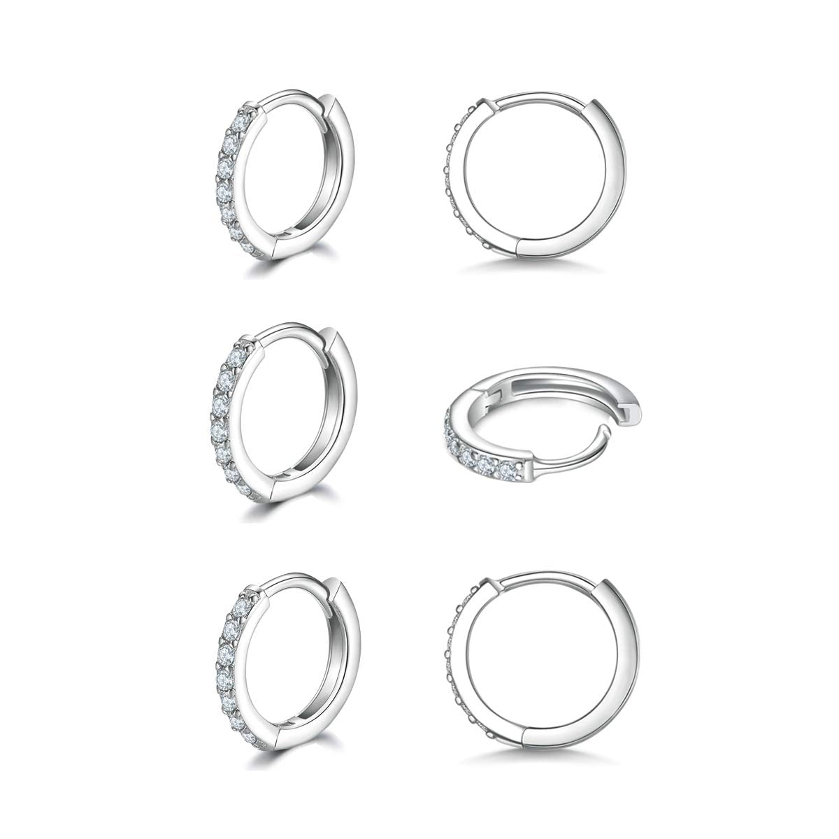 925 Sterling Silver Small Hoop Earrings Cubic Zirconia Huggie Hoop Earrings, 3 Pairs 14K White Gold Plated Cartilage Piercing Earrings Ear Cuff Tiny Hoop Earrings for Women Men