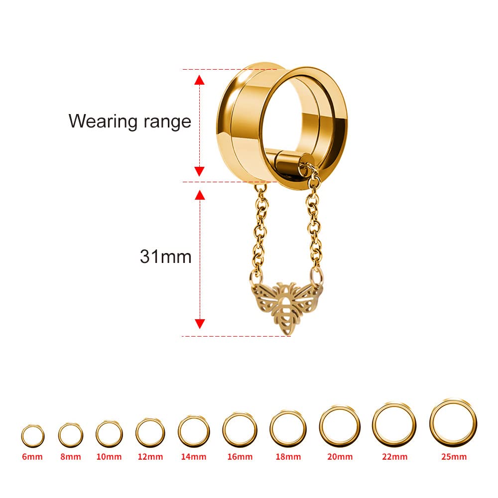 2PCS Stainless Steel Ear Gauges Tunnels Hollow Spider Bee Bat Chain Screw Fit For Men Women 6mm-25mm