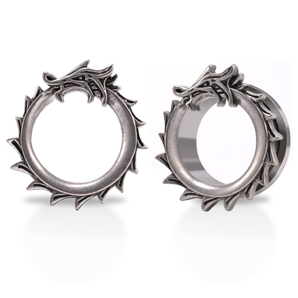 1 Pair Stainless Steel Ear Gauges Tunnels Ouroboros Snake Eat Tails Silver Vintage 2g-1 Inch Double Flare For Men For Women