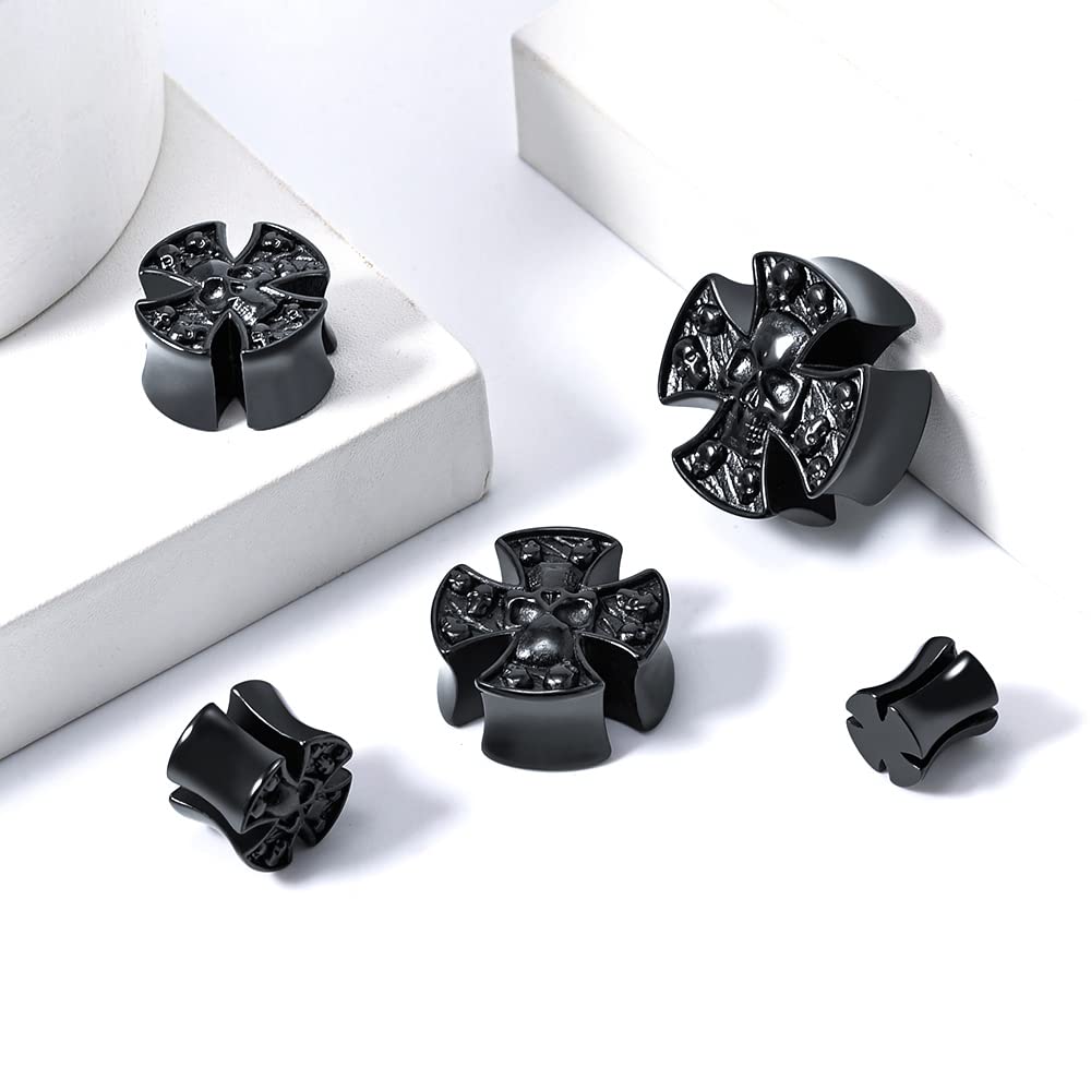 2PCS Stainless Steel 316L Punk Vintage Cross Skull Gauge For Ears Expander Stretcher Ear Tunnels Upgrade Saddle Plugs Double Flared Guage For Women Men 0g-1"