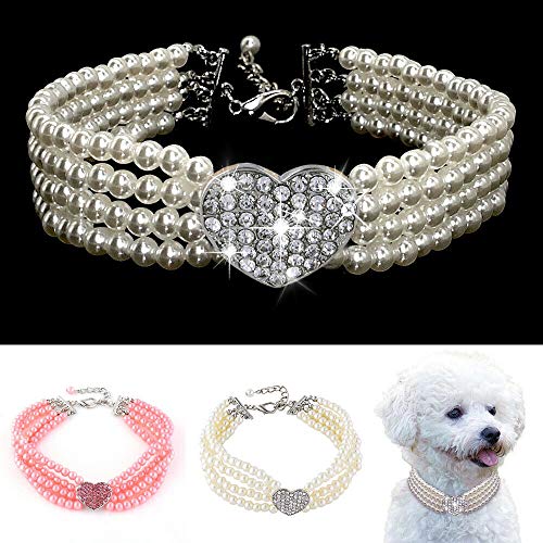 Dogs Kingdom 4 Rows Dog Cat Pearls Necklace Bling Rhinestone Heart Decor Collar Necklace Pet Puppy Jewelry Accessories,White,L:12-14" Neck