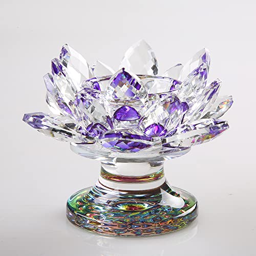 4.5 Inch Crystal Lotus Candle Candle Holder, Glass Candle Holder Lamp Holder Night Light Candle Holder for Altar Window Sill Multicolor