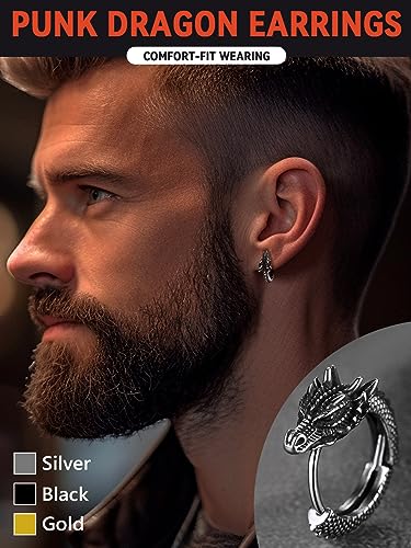 FaithHeart Dragon/Dinosaur/Snake Hoop Earrings for Men, Sturdy Stainless Steel Punk Biker Animals Hypoallergenic Jewelry, Gift Box