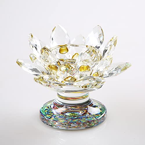 4.5 Inch Crystal Lotus Candle Candle Holder, Glass Candle Holder Lamp Holder Night Light Candle Holder for Altar Window Sill Multicolor