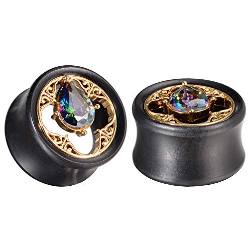 COOEAR Wood Ear Gauges Flesh Tunnels Gem Plugs Piercing Metal Earrings Double Flared Stretchers 0g to 1 Inch.