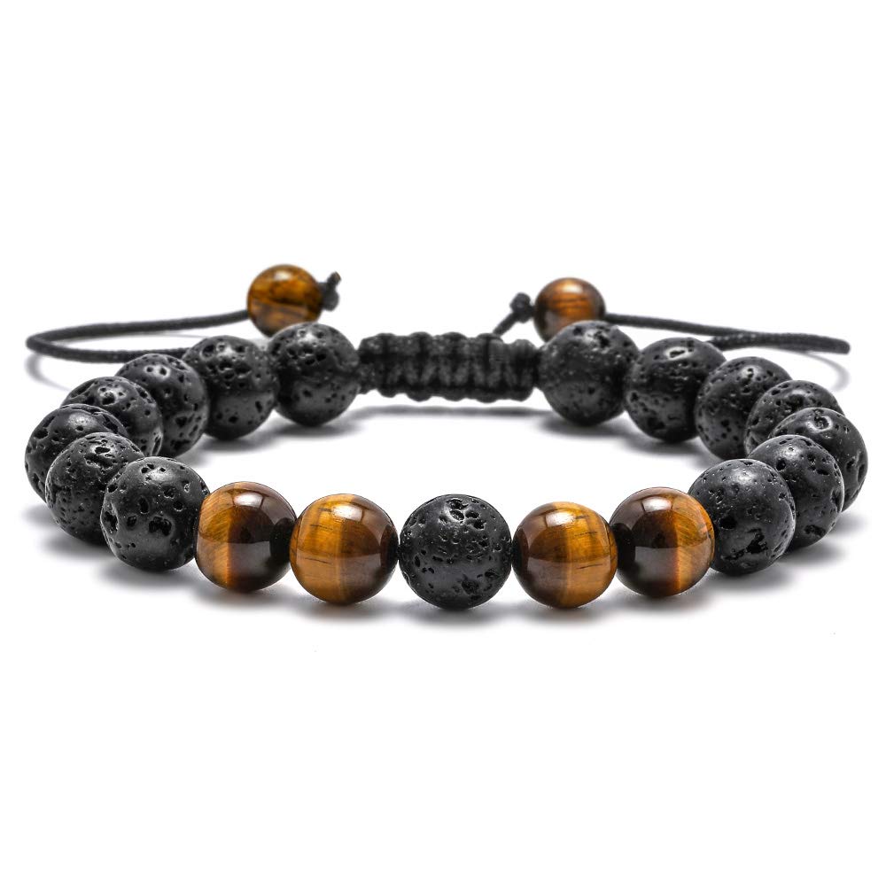 M MOOHAM Natural Stone Bracelets for Men - 8mm Tiger Eye | Matte Agate | Lava Rock Bracelets for Men Teen Boys Gifts Fathers Day Anniversary Birthday Gifts for Him