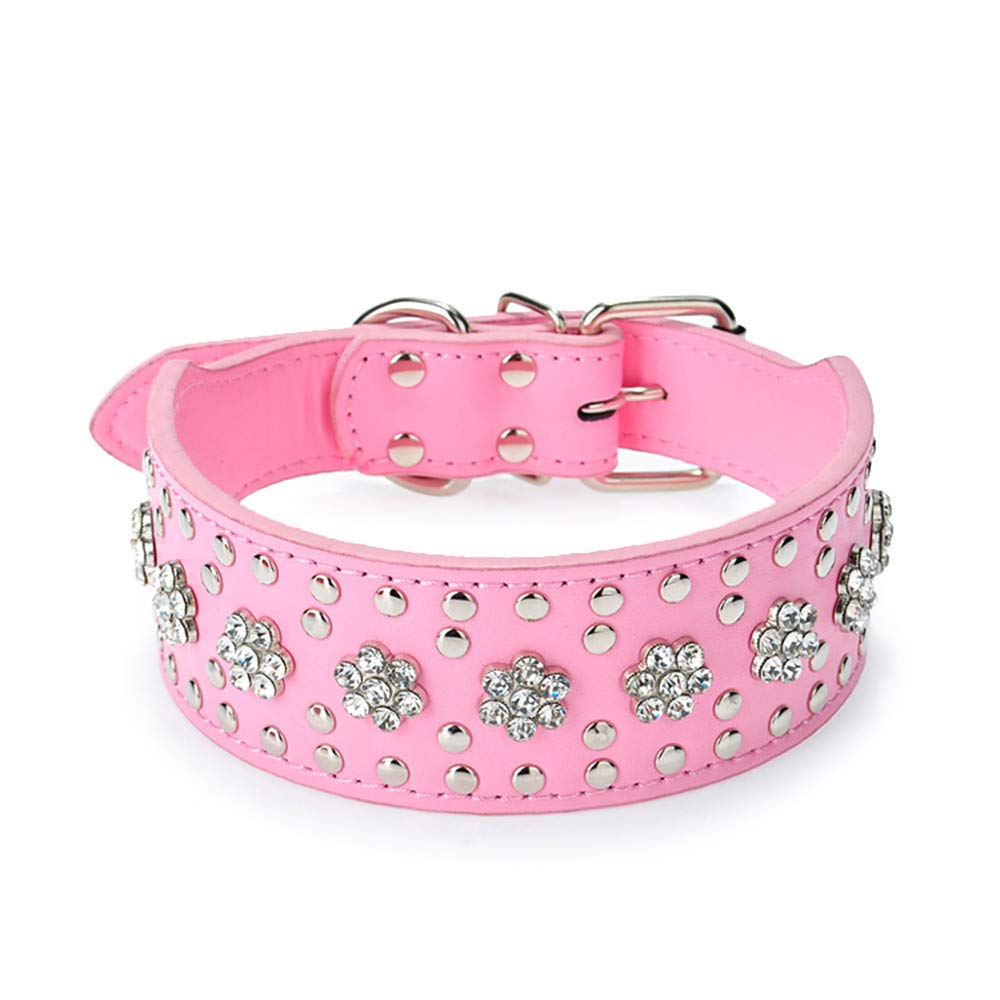 Rhinestones Dog Collars Flower Pattern Rhinestone Studded Leather Sparkly Crystal Diamonds Dazzling Elegant Fancy PU Leather Dog Collar for Medium & Large Dogs (M:17-20 inch, Purple)