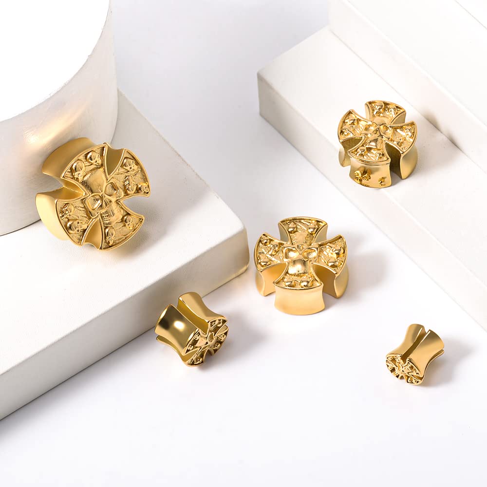 2PCS Stainless Steel 316L Punk Vintage Cross Skull Gauge For Ears Expander Stretcher Ear Tunnels Upgrade Saddle Plugs Double Flared Guage For Women Men 0g-1"