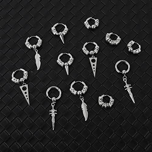 Black Stainless Steel Stud Earrings for Men Women Small Huggie Hoop Earrings Set for Men Cool Goth Punk Earrings Barbell Earrings Black Silver Hoop Cartilage Earring (Classic) (Black Tone)