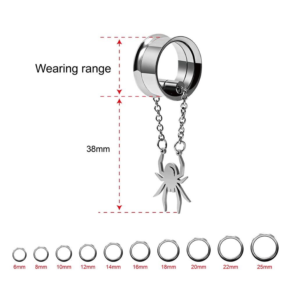 2PCS Stainless Steel Ear Gauges Tunnels Hollow Spider Bee Bat Chain Screw Fit For Men Women 6mm-25mm