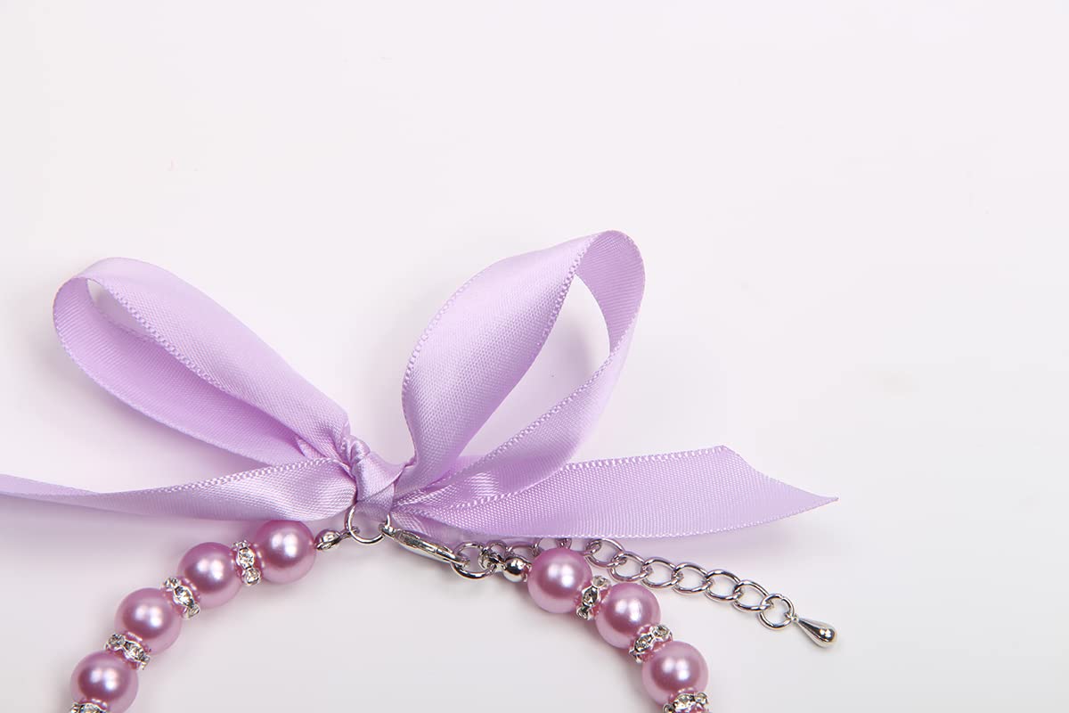 Dog Cat Pearls Necklace Collar with Bling Accessories and Ribbon Bow Pet Puppy Jewelry for Female Dogs Cats Small Medium (XL, Pink)