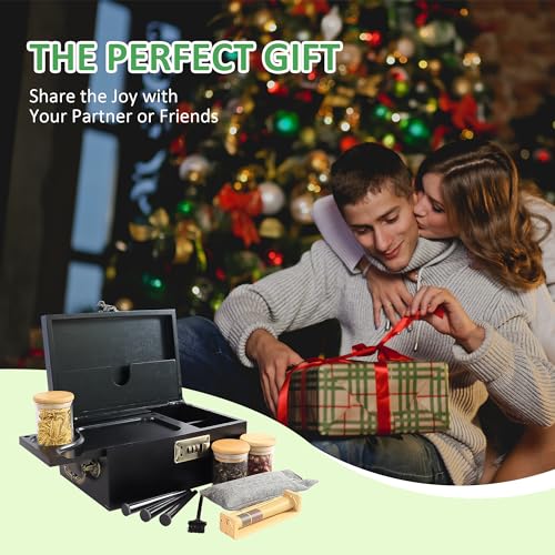 Bamboo Box with Combination Lock, Decorative Box with Handle, Large Storage Stash Box Set, Removable Dividers, 3 Glass Jars, Bamboo Herb Roller, Tray Insert & Smell Proof Accessory Tools Kit (Black)