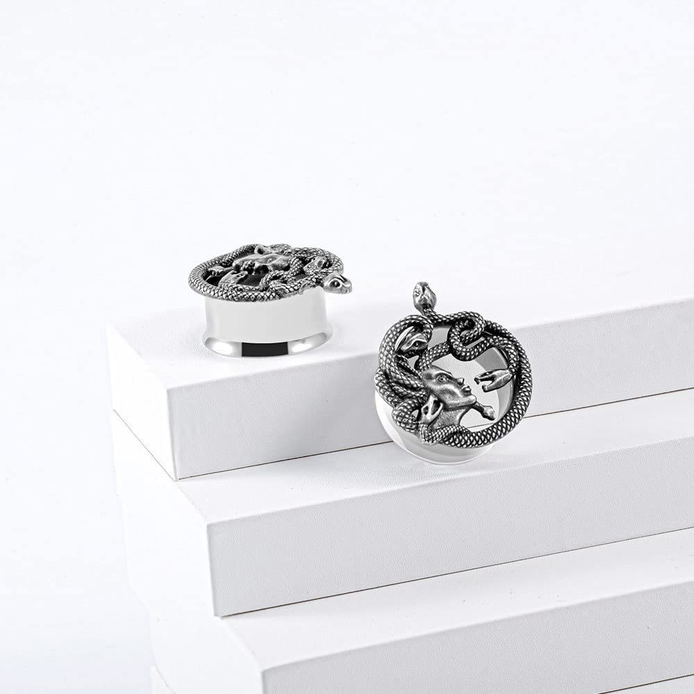 1 Pair Stainless Steel Ear Gauges Tunnels Ouroboros Snake Eat Tails Silver Vintage 2g-1 Inch Double Flare For Men For Women