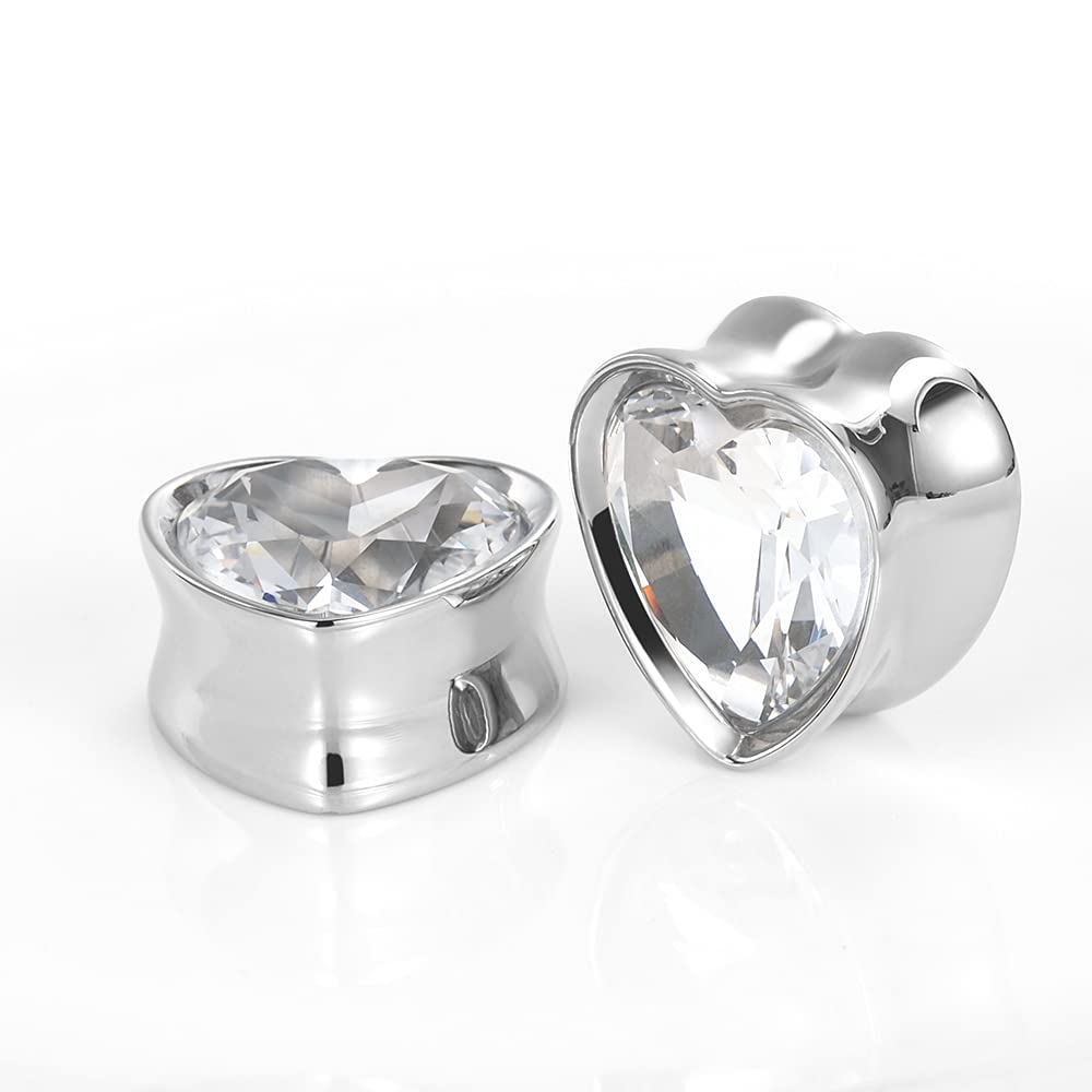 Surgical Steel Heart-Shaped Zircon Double Flared Ear Tunnels And Plugs Stretcher Expander Sold As Pair Gauge 8mm-25mm