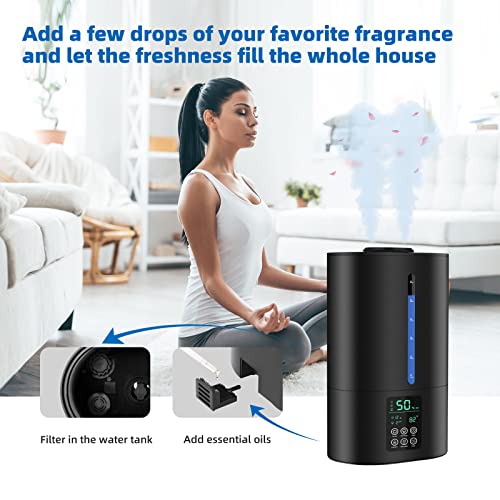 6L Humidifiers for Bedroom Large Room Home, Cool and Warm for Baby and Plants Mist Top Fill Desk Humidifiers Essential Oil Diffuser, Quiet with Adjustable Mist,360°Nozzle-Black
