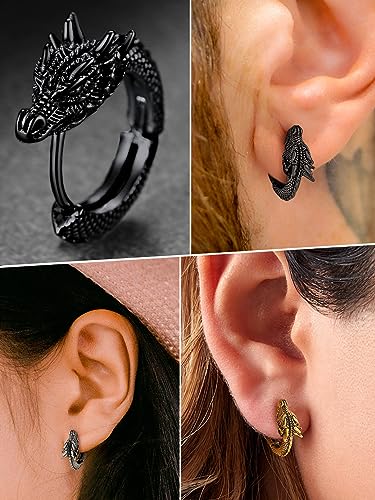 FaithHeart Dragon/Dinosaur/Snake Hoop Earrings for Men, Sturdy Stainless Steel Punk Biker Animals Hypoallergenic Jewelry, Gift Box