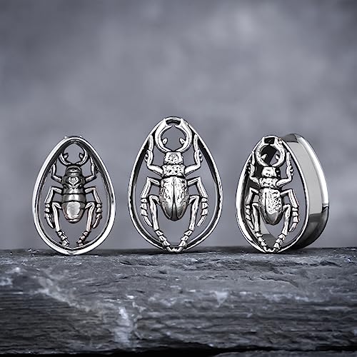 COOEAR 1 Pair Double FLared Tear Drop Ear Tunnels Piercing Stainless Steel Scarab Gauges Silvery Earrings Plugs 0g to 1".