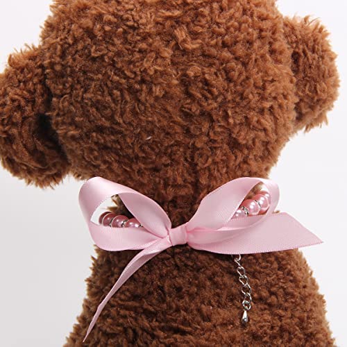 Dog Cat Pearls Necklace Collar with Bling Accessories and Ribbon Bow Pet Puppy Jewelry for Female Dogs Cats Small Medium (XL, Pink)