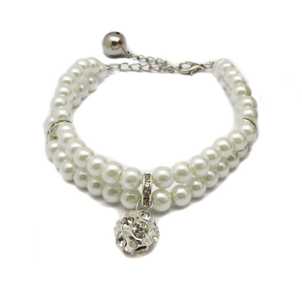 Luxury 2 Row Pearls Rhinestones Pet Cat Dog Necklace Collar Jewelry with Bling Crystal Ball Charm Pendant for Pets Cats Small Dogs Female Puppy Chihuahua Yorkie Girls Costume Outfits