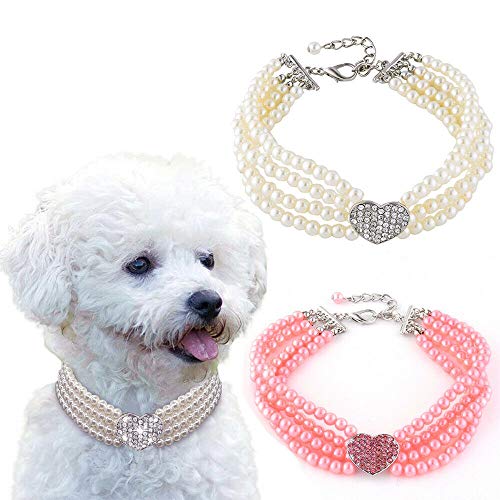 Dogs Kingdom 4 Rows Dog Cat Pearls Necklace Bling Rhinestone Heart Decor Collar Necklace Pet Puppy Jewelry Accessories,White,L:12-14" Neck