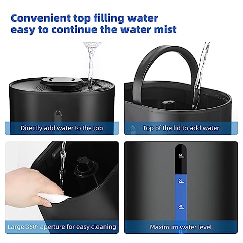 6L Humidifiers for Bedroom Large Room Home, Cool and Warm for Baby and Plants Mist Top Fill Desk Humidifiers Essential Oil Diffuser, Quiet with Adjustable Mist,360°Nozzle-Black