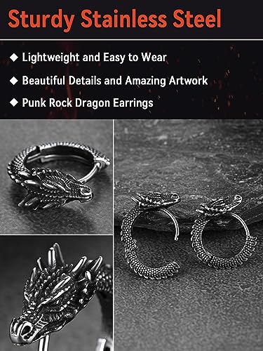 FaithHeart Dragon/Dinosaur/Snake Hoop Earrings for Men, Sturdy Stainless Steel Punk Biker Animals Hypoallergenic Jewelry, Gift Box