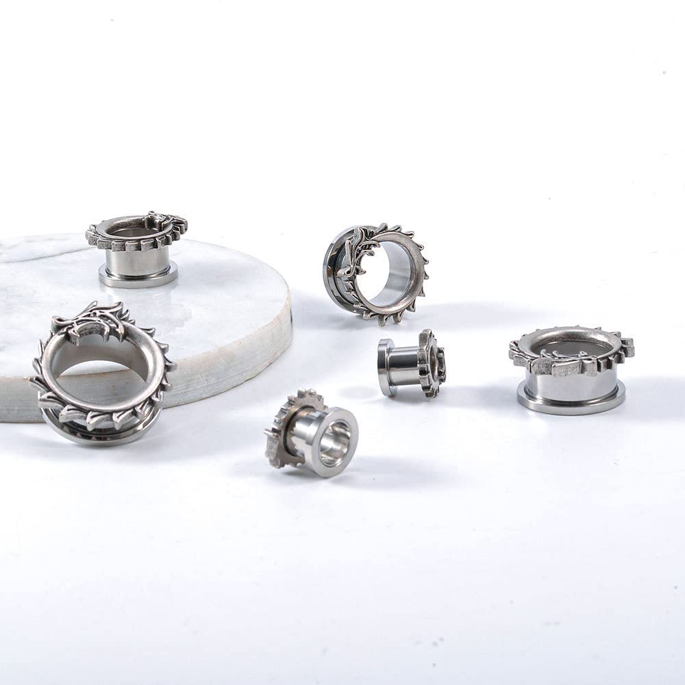 1 Pair Stainless Steel Ear Gauges Tunnels Ouroboros Snake Eat Tails Silver Vintage 2g-1 Inch Double Flare For Men For Women