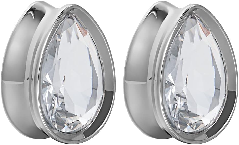 Surgical Steel Teardrop Zircon Double Flared Ear Tunnels and Plugs Stretcher Expander Sold As Pair Gauge 8mm-25mm
