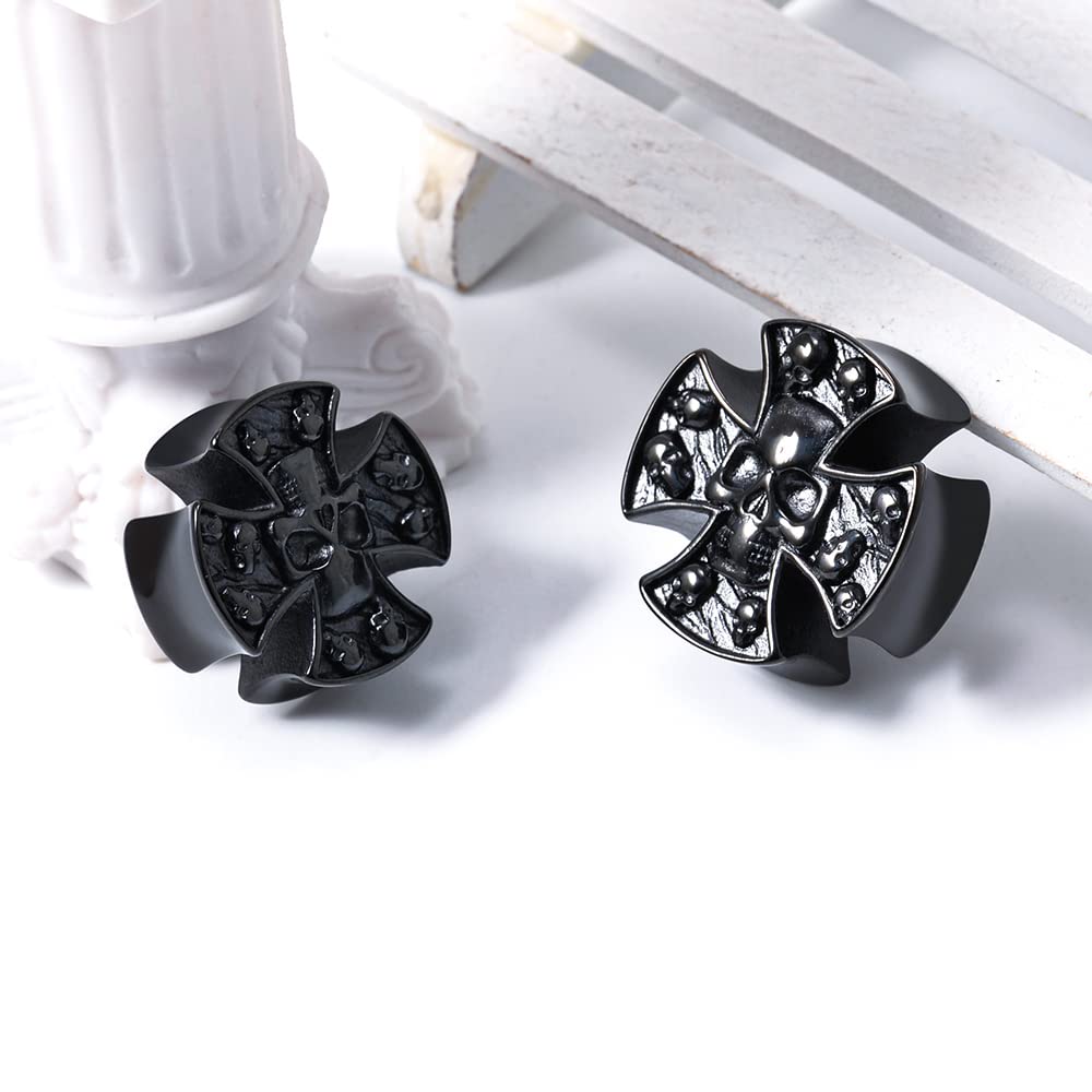 2PCS Stainless Steel 316L Punk Vintage Cross Skull Gauge For Ears Expander Stretcher Ear Tunnels Upgrade Saddle Plugs Double Flared Guage For Women Men 0g-1"