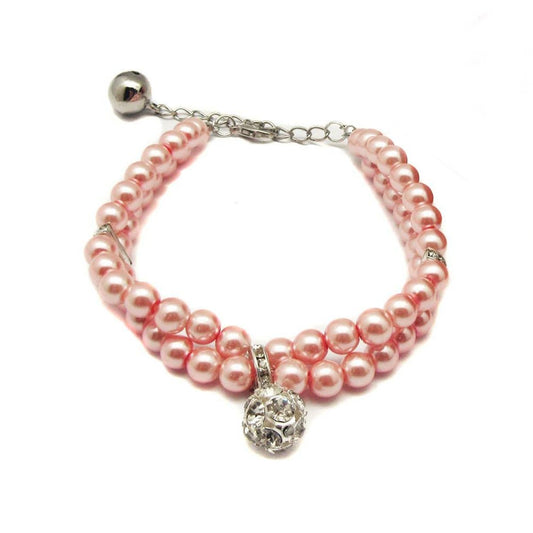 Luxury 2 Row Pearls Rhinestones Pet Cat Dog Necklace Collar Jewelry with Bling Crystal Ball Charm Pendant for Pets Cats Small Dogs Female Puppy Chihuahua Yorkie Girls Costume Outfits
