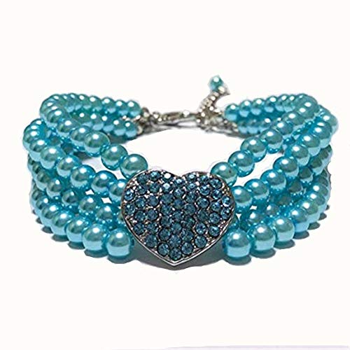 Dogs Kingdom 4 Rows Dog Cat Pearls Necklace Bling Rhinestone Heart Decor Collar Necklace Pet Puppy Jewelry Accessories,White,L:12-14" Neck