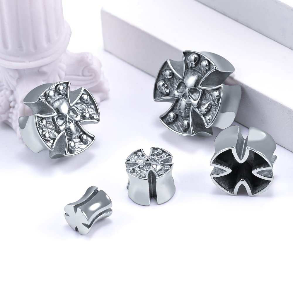 2PCS Stainless Steel 316L Punk Vintage Cross Skull Gauge For Ears Expander Stretcher Ear Tunnels Upgrade Saddle Plugs Double Flared Guage For Women Men 0g-1"