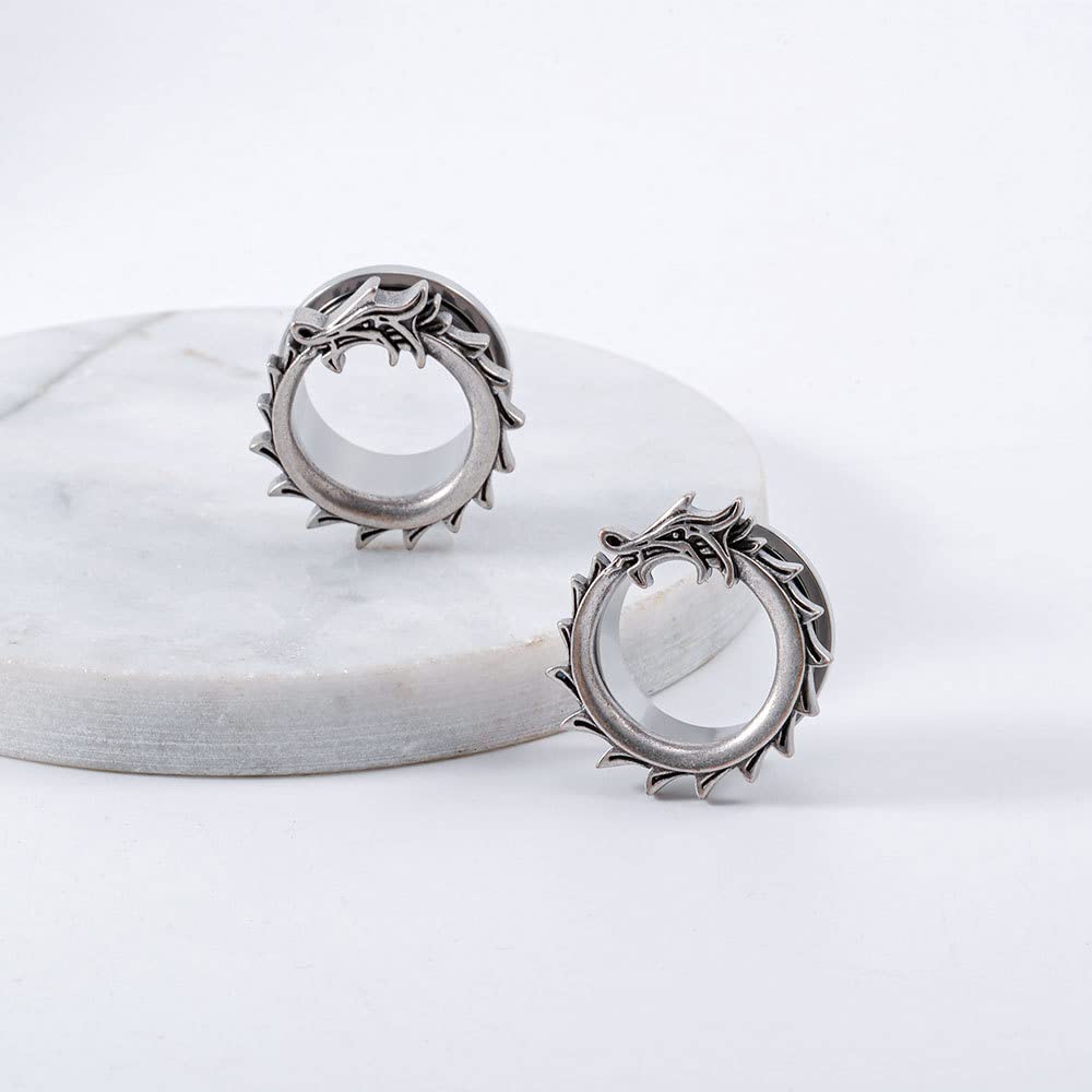 1 Pair Stainless Steel Ear Gauges Tunnels Ouroboros Snake Eat Tails Silver Vintage 2g-1 Inch Double Flare For Men For Women