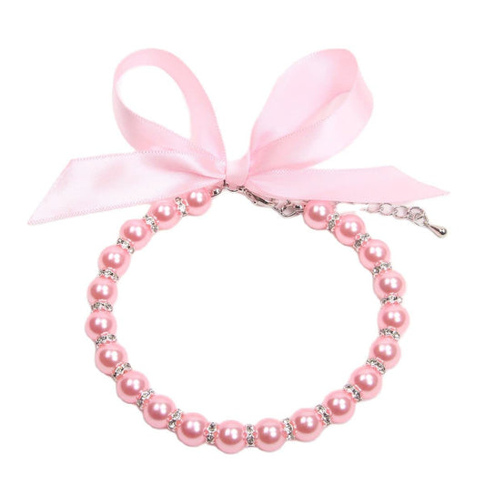 Dog Cat Pearls Necklace Collar with Bling Accessories and Ribbon Bow Pet Puppy Jewelry for Female Dogs Cats Small Medium (XL, Pink)